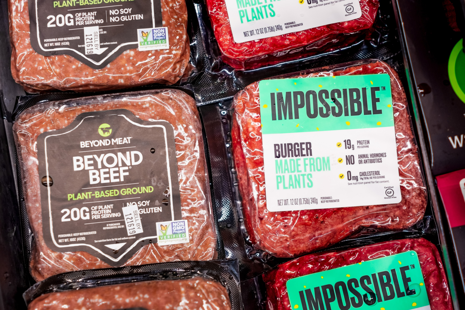 Impossible burger and Beyond Beef packages sold next to each other in a Gelson's Markets store