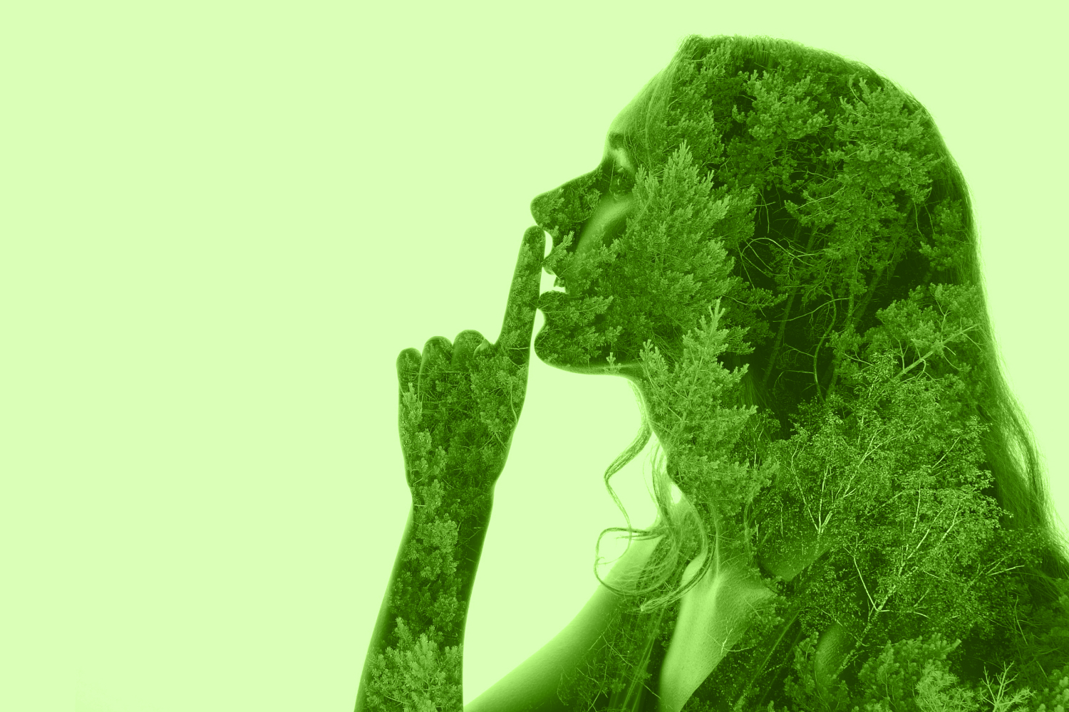 greenhushing illustration woman silhouette with green moving trees in hair showing shhh with finger at lips